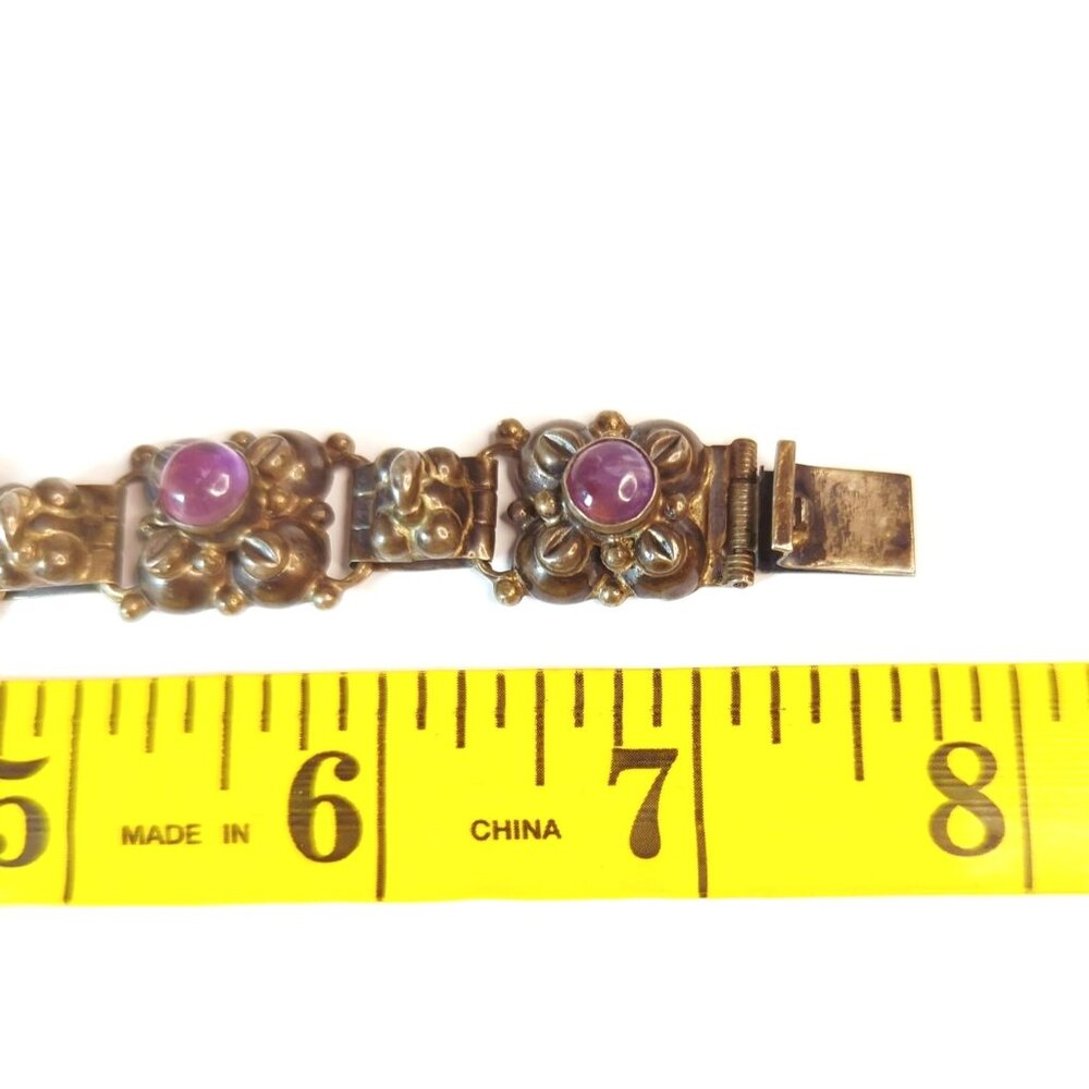 Vintage Sterling Silver Amethyst Cabochons Link Bracelet, Missing One Stone - Picture 5 of 7
